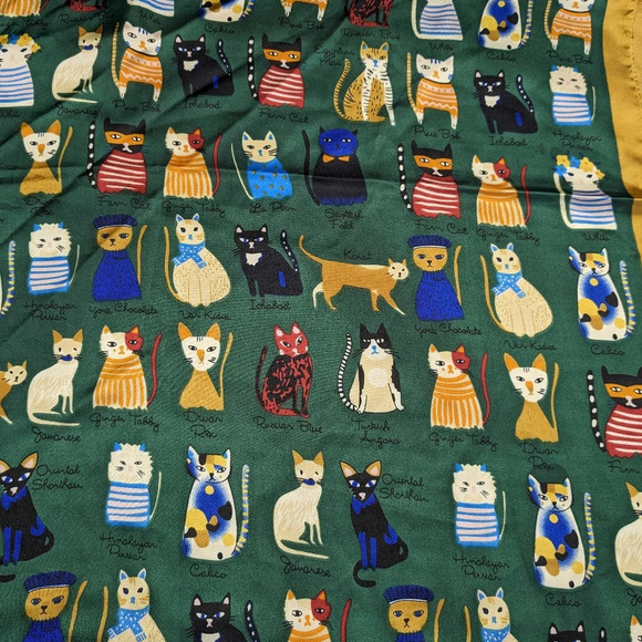 Whimsical assorted cats on silky green polyester with gold trim scarf, head wrap - Picture 14 of 15